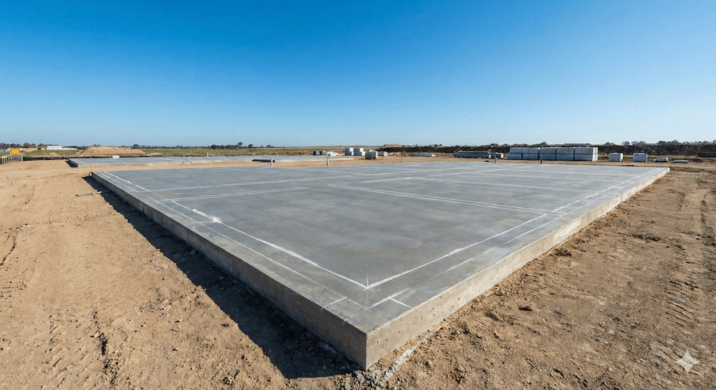Cimentación de concreto limpia, curada y nivelada con líneas de taller marcadas.