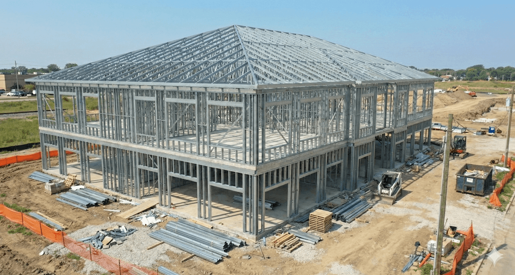 Montaje de vigas de piso y techo en estructura LGS de dos plantas.