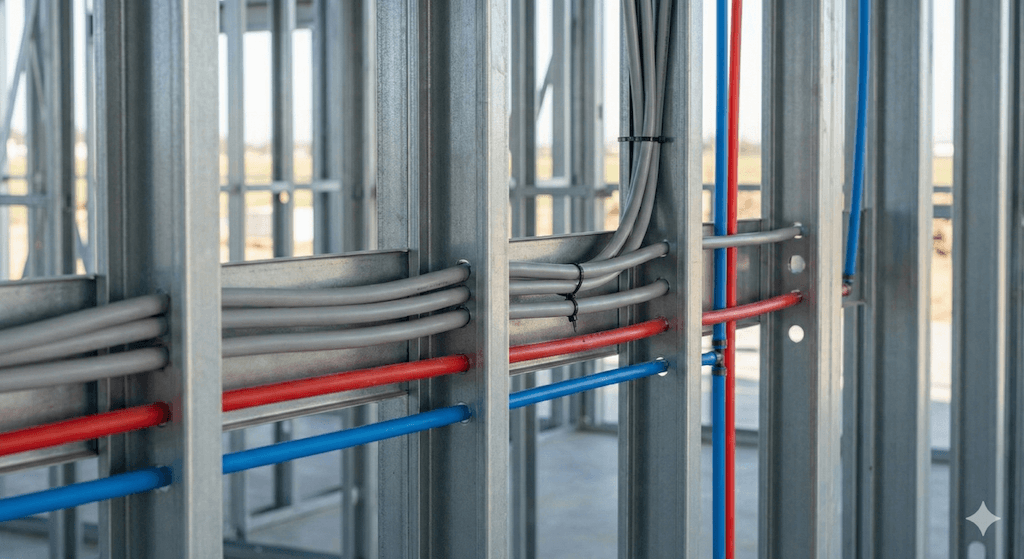 Cableado y tuberías pasando por perforaciones LGS previamente troqueladas.